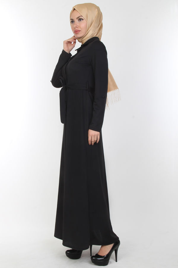 Baskı Düğmeli Elbise-00154Siyah
