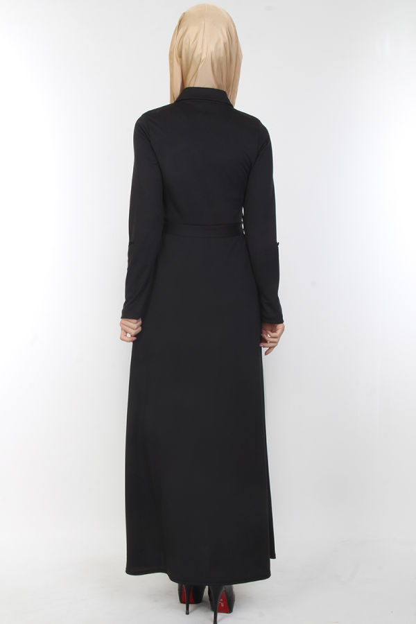 Baskı Düğmeli Elbise-00154Siyah