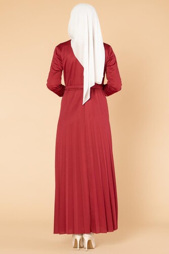 Baskı Düğmeli Nakışlı Tesettür Elbise-1696 Bordo - Thumbnail