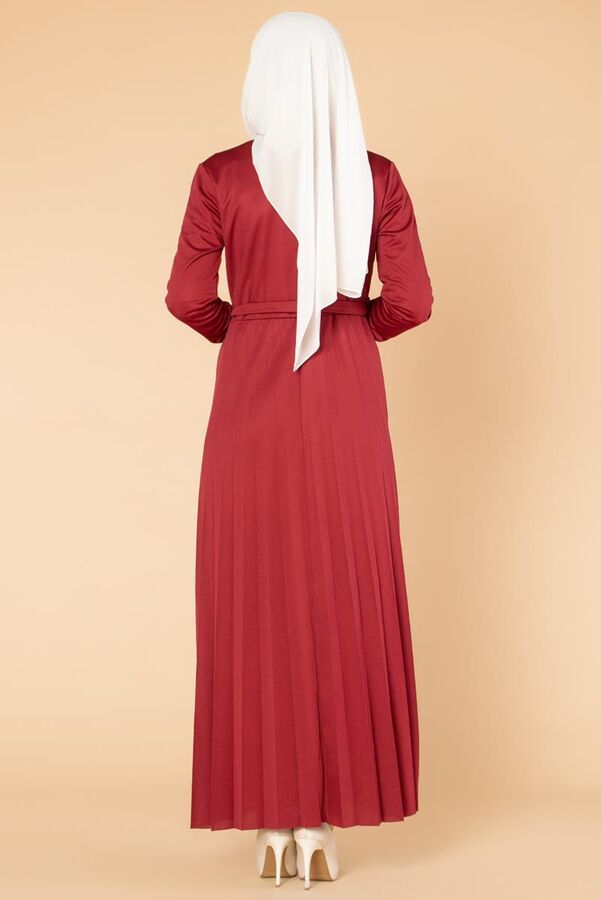 Baskı Düğmeli Nakışlı Tesettür Elbise-1696 Bordo