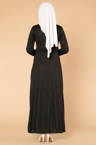 Baskı Düğmeli Nakışlı Tesettür Elbise-1696 Siyah - Thumbnail