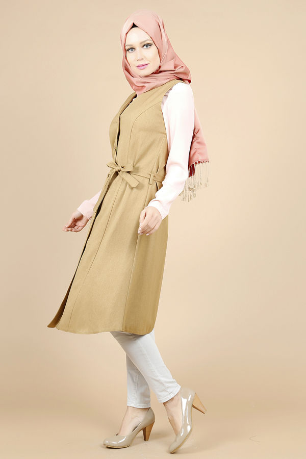 Baskı Düğmeli Yelek-Hardal0516