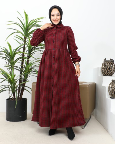 Modaebva - Bebe Yaka Cepli Tesettür Elbise-3166 Bordo