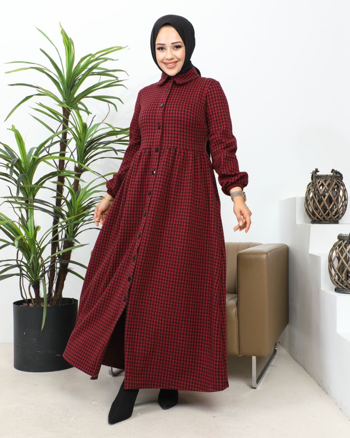 Bebe Yaka Cepli Tesettür Elbise-3166 Bordo