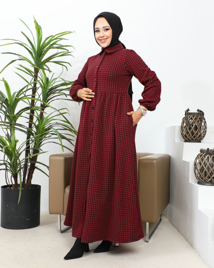 Bebe Yaka Cepli Tesettür Elbise-3166 Bordo