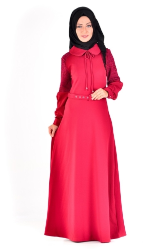 Bebe Yaka Omuz Detaylı Kemerli Elbise Bordo-4023 - Thumbnail
