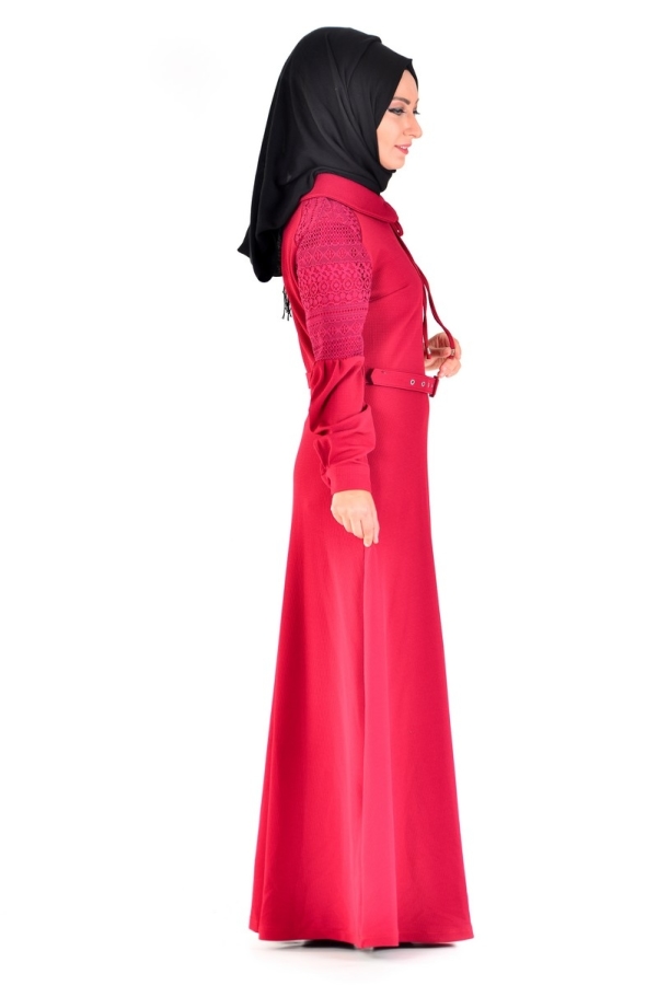Bebe Yaka Omuz Detaylı Kemerli Elbise Bordo-4023