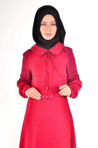 Bebe Yaka Omuz Detaylı Kemerli Elbise Bordo-4023 - Thumbnail