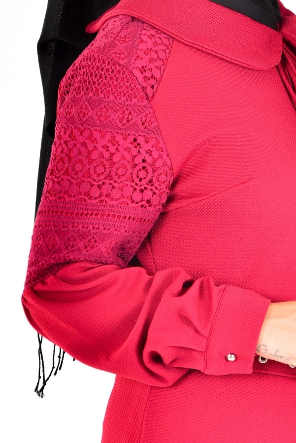 Bebe Yaka Omuz Detaylı Kemerli Elbise Bordo-4023