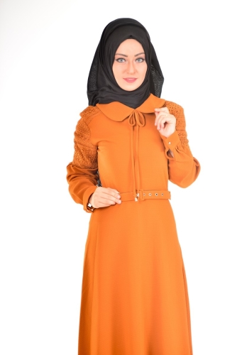 Bebe Yaka Omuz Detaylı Kemerli Elbise Hardal-4023 - Thumbnail