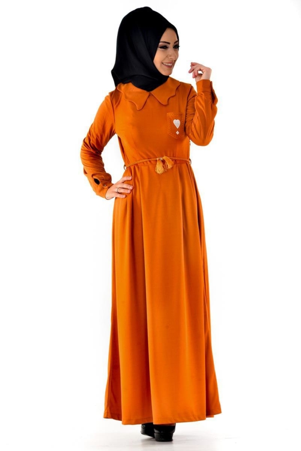 Bebe Yaka Pileli Elbise Hardal Sarısı-4011