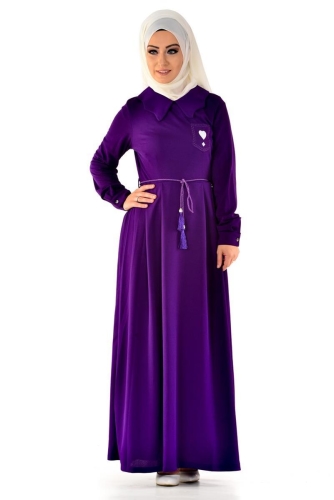 Bebe Yaka Pileli Elbise Mor-4011 - Thumbnail