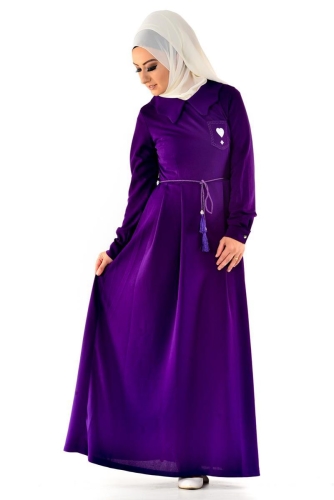 Bebe Yaka Pileli Elbise Mor-4011 - Thumbnail