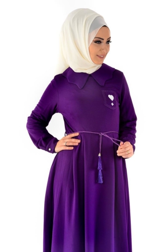 Bebe Yaka Pileli Elbise Mor-4011 - Thumbnail