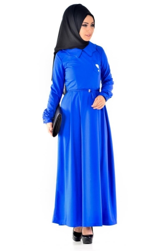 Bebe Yaka Pileli Elbise Saks Mavisi-4011 - Thumbnail