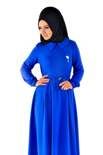 Bebe Yaka Pileli Elbise Saks Mavisi-4011 - Thumbnail