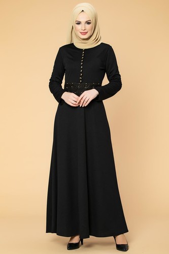 Bel Güpür ve İnci Detaylı Tesettür Elbise-0661 Siyah - Thumbnail