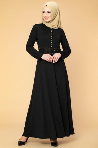 Bel Güpür ve İnci Detaylı Tesettür Elbise-0661 Siyah - Thumbnail