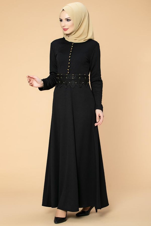 Bel Güpür ve İnci Detaylı Tesettür Elbise-0661 Siyah