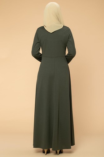 Bel Güpür ve İnci Detaylı Tesettür Elbise-0661 Hakiyeşili - Thumbnail