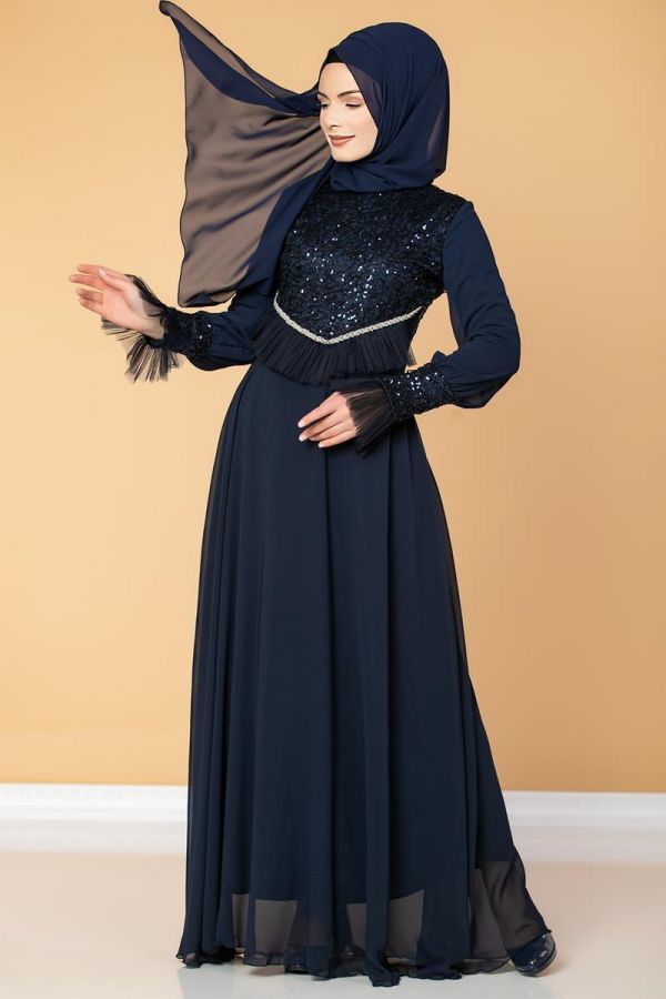 Bel İnci Ve Fırfır Detay Şifon Abiye-1456 lacivert - 1