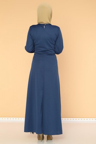 Bel Ve Etek Ucu Güpür Detay Elbise-0660Mavi - Thumbnail