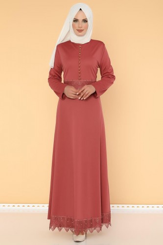 Bel Ve Etek Ucu Güpür Detay Elbise-0660 Gülkurusu - Thumbnail