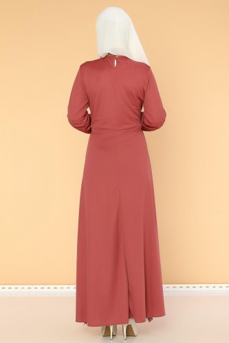 Bel Ve Etek Ucu Güpür Detay Elbise-0660 Gülkurusu - Thumbnail