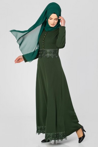 Bel Ve Etek Ucu Güpür Detay Elbise-0660 Hakiyeşil - Thumbnail