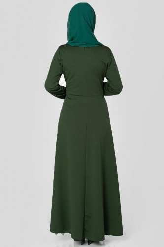 Bel Ve Etek Ucu Güpür Detay Elbise-0660 Hakiyeşil - Thumbnail