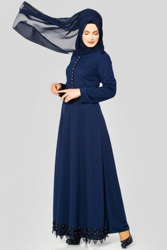 Bel Ve Etek Ucu Güpür Detay Elbise-0660 Lacivert - Thumbnail