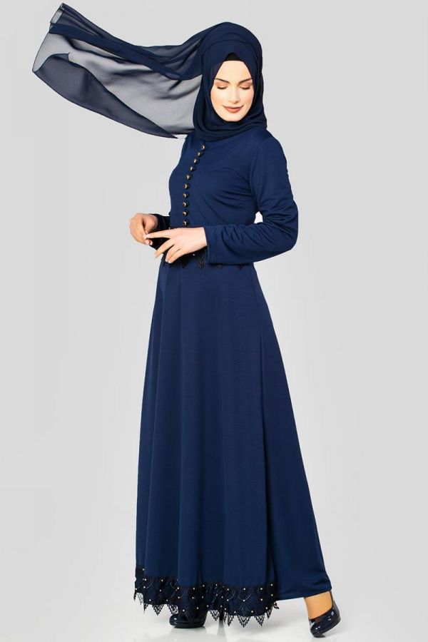 Bel Ve Etek Ucu Güpür Detay Elbise-0660 Lacivert