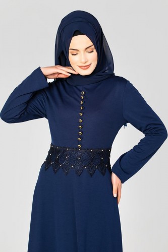 Bel Ve Etek Ucu Güpür Detay Elbise-0660 Lacivert - Thumbnail