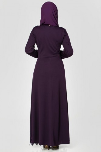 Bel Ve Etek Ucu Güpür Detay Elbise-0660 Patlıcanmoru - Thumbnail