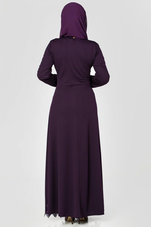 Bel Ve Etek Ucu Güpür Detay Elbise-0660 Patlıcanmoru