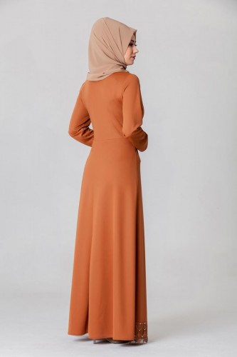 Bel Ve Etek Ucu Güpür Detay Elbise-0660Kiremit - Thumbnail