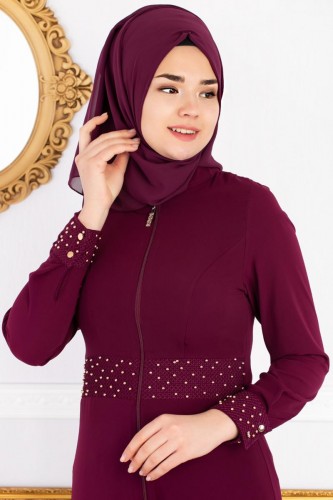 Bel Ve Kol Inci Detay Fermuarli Ferace 2042 Murdum Bel Ve Kol Inci Detay Fermuarli Ferace 2042 Murdum