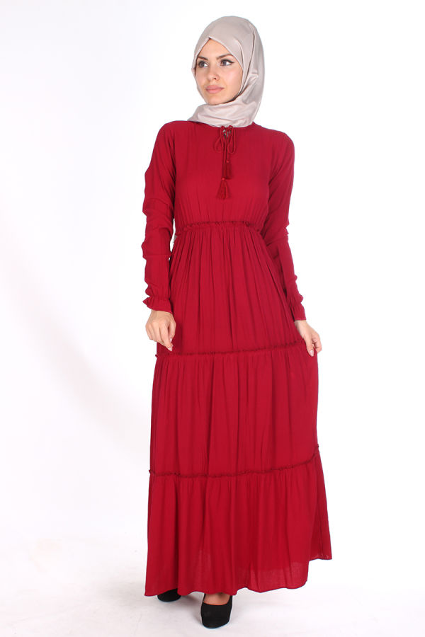 Bel Ve Kol Lastikli Kloş elbise-1003 Bordo
