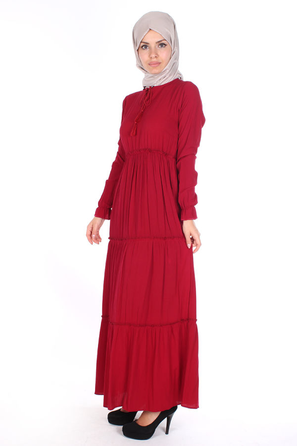Bel Ve Kol Lastikli Kloş elbise-1003 Bordo