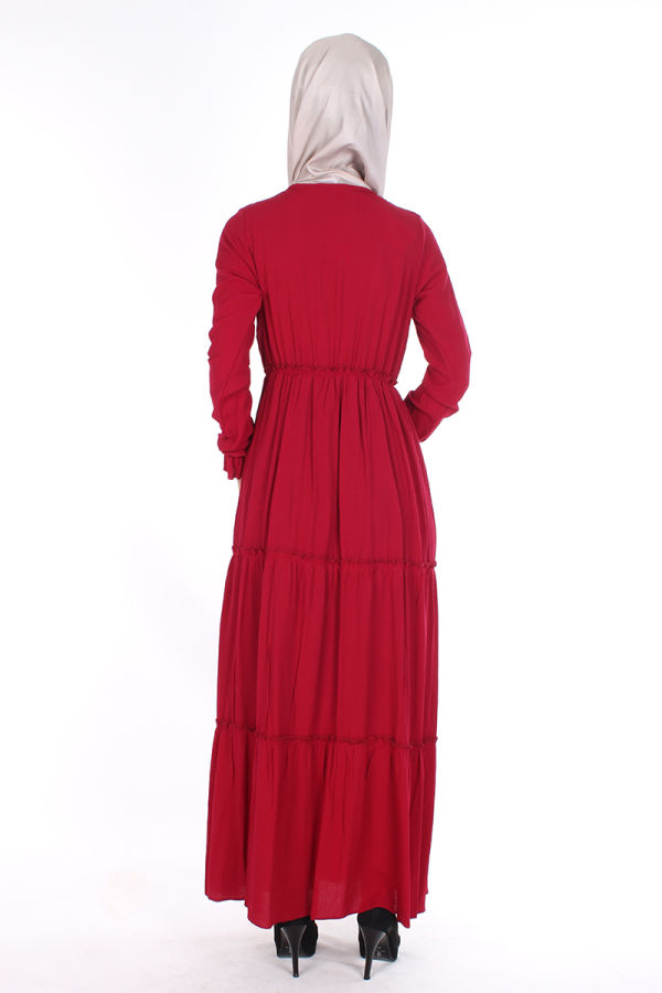 Bel Ve Kol Lastikli Kloş elbise-1003 Bordo