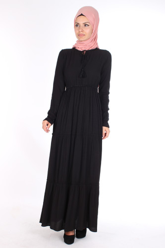 Bel Ve Kol Lastikli Kloş elbise-1003 Siyah - Thumbnail