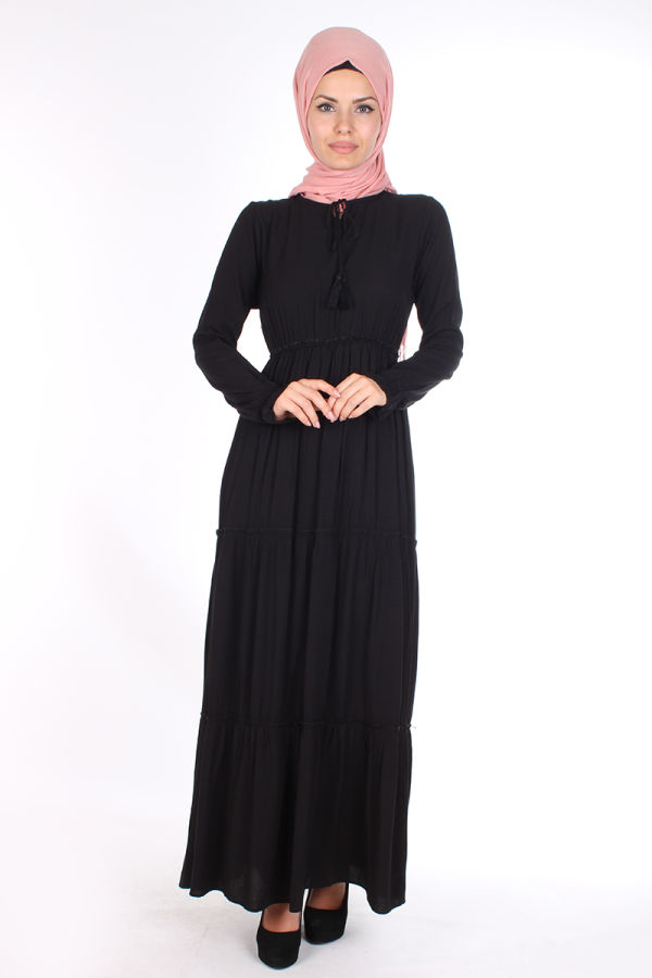 Bel Ve Kol Lastikli Kloş elbise-1003 Siyah