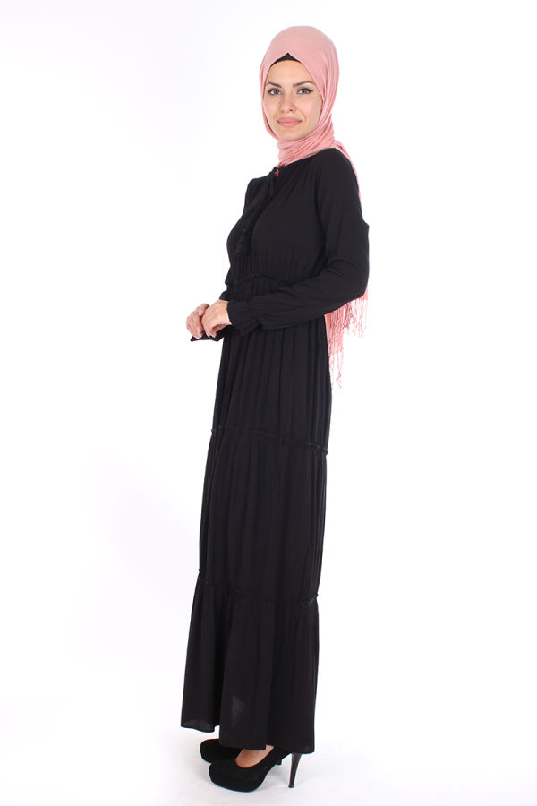 Bel Ve Kol Lastikli Kloş elbise-1003 Siyah