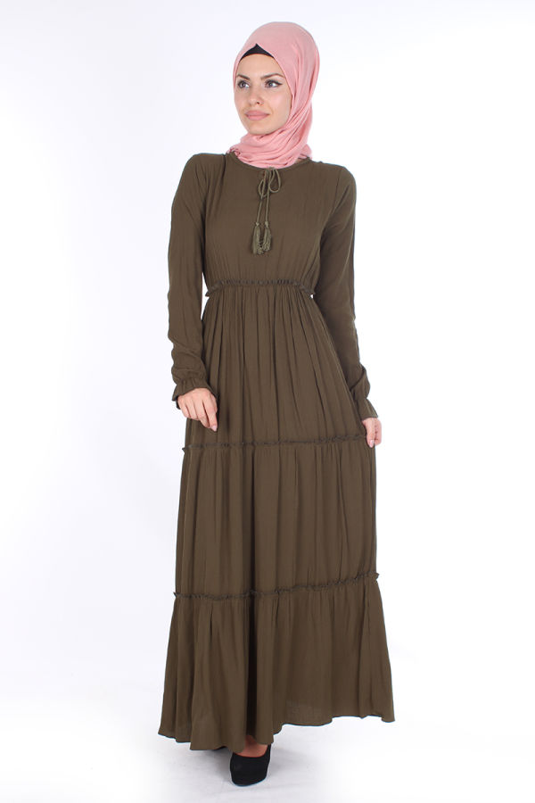 Bel Ve Kol Lastikli Kloş elbise-1003 Yeşil