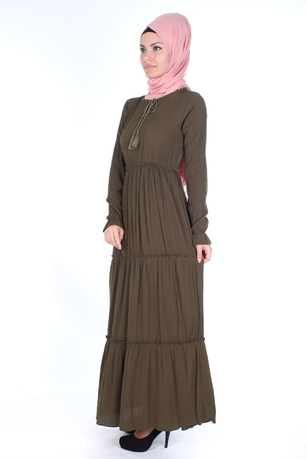 Bel Ve Kol Lastikli Kloş elbise-1003 Yeşil
