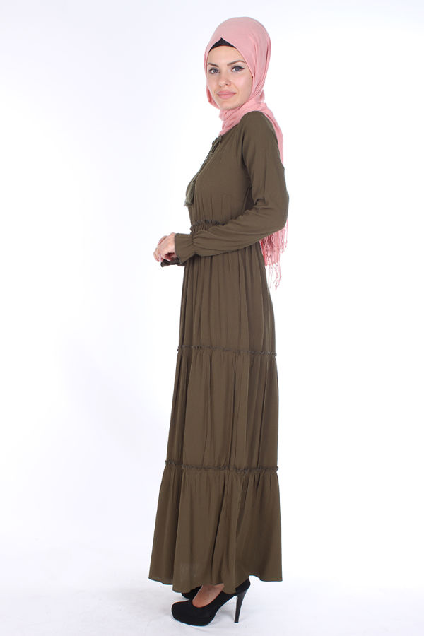 Bel Ve Kol Lastikli Kloş elbise-1003 Yeşil