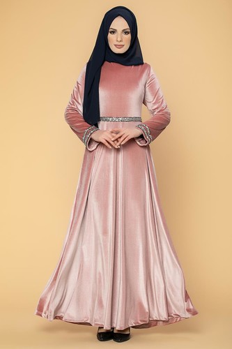 Bel Ve Kol Pul Şerit Detaylı Kadife Elbise-2055 Gülkurusu - Thumbnail