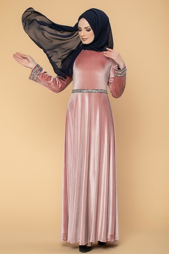 Bel Ve Kol Pul Şerit Detaylı Kadife Elbise-2055 Gülkurusu - Thumbnail