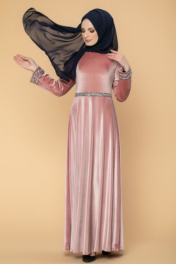 Bel Ve Kol Pul Şerit Detaylı Kadife Elbise-2055 Gülkurusu
