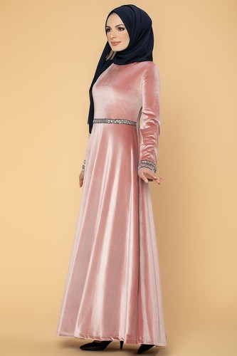 Bel Ve Kol Pul Şerit Detaylı Kadife Elbise-2055 Gülkurusu - Thumbnail